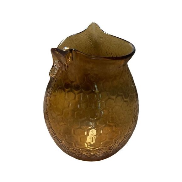 Vintage Retro Amber Glass Owl Vase  candleholder Decor Honeycomb Pattern 8” - Picture 2 of 6